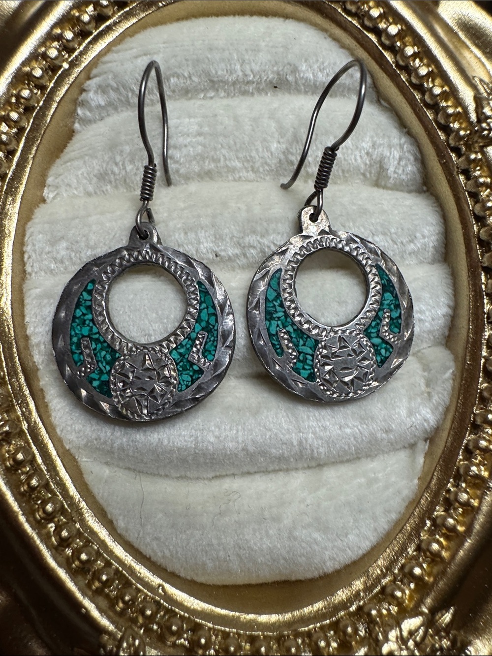 Vintage Sterling Silver Turquoise Chip Inlay Sun Earrings Mexican
